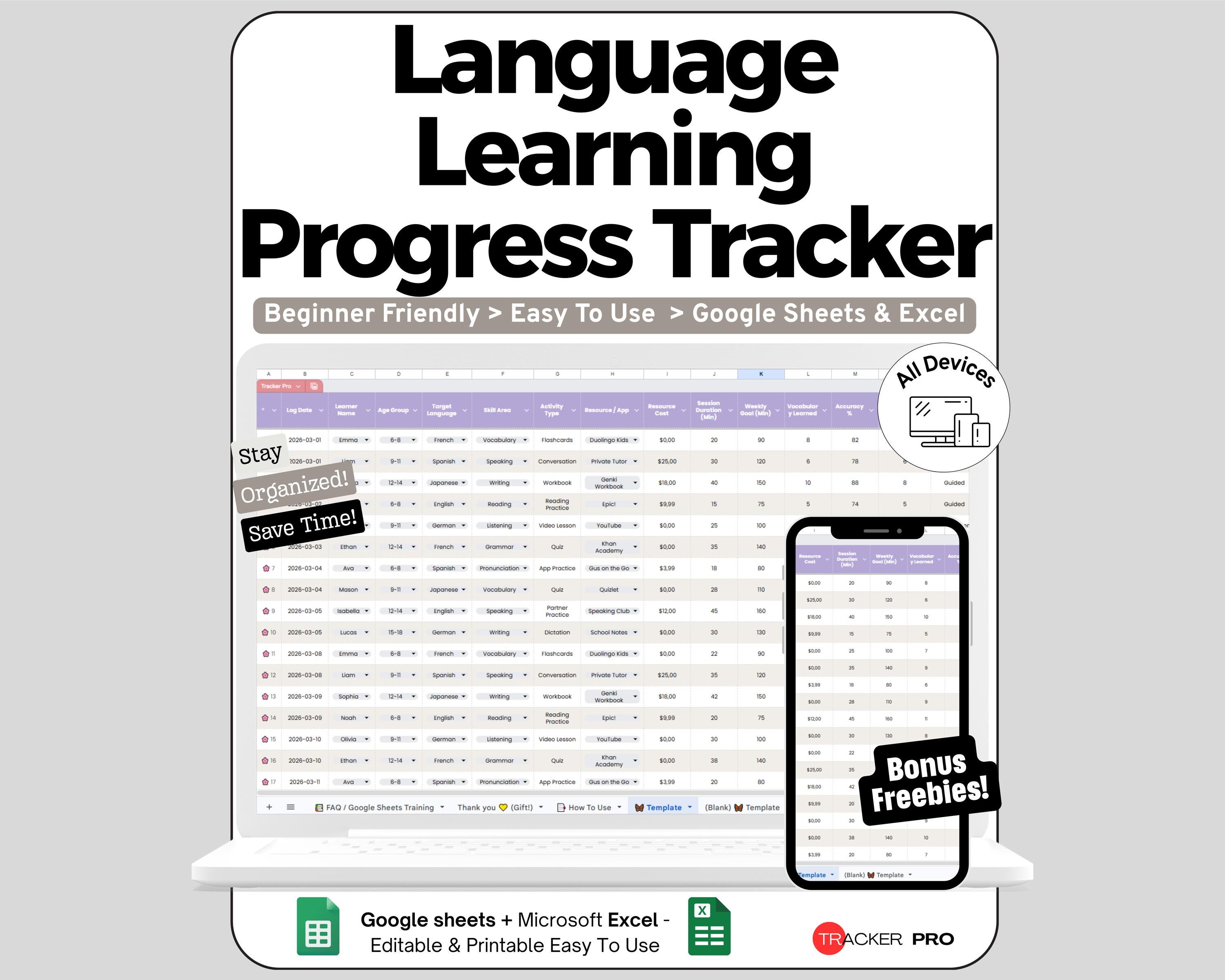 Language Spreadsheet Language Tracker Spreadsheet for Google Sheets and Excel Vocabulary ...