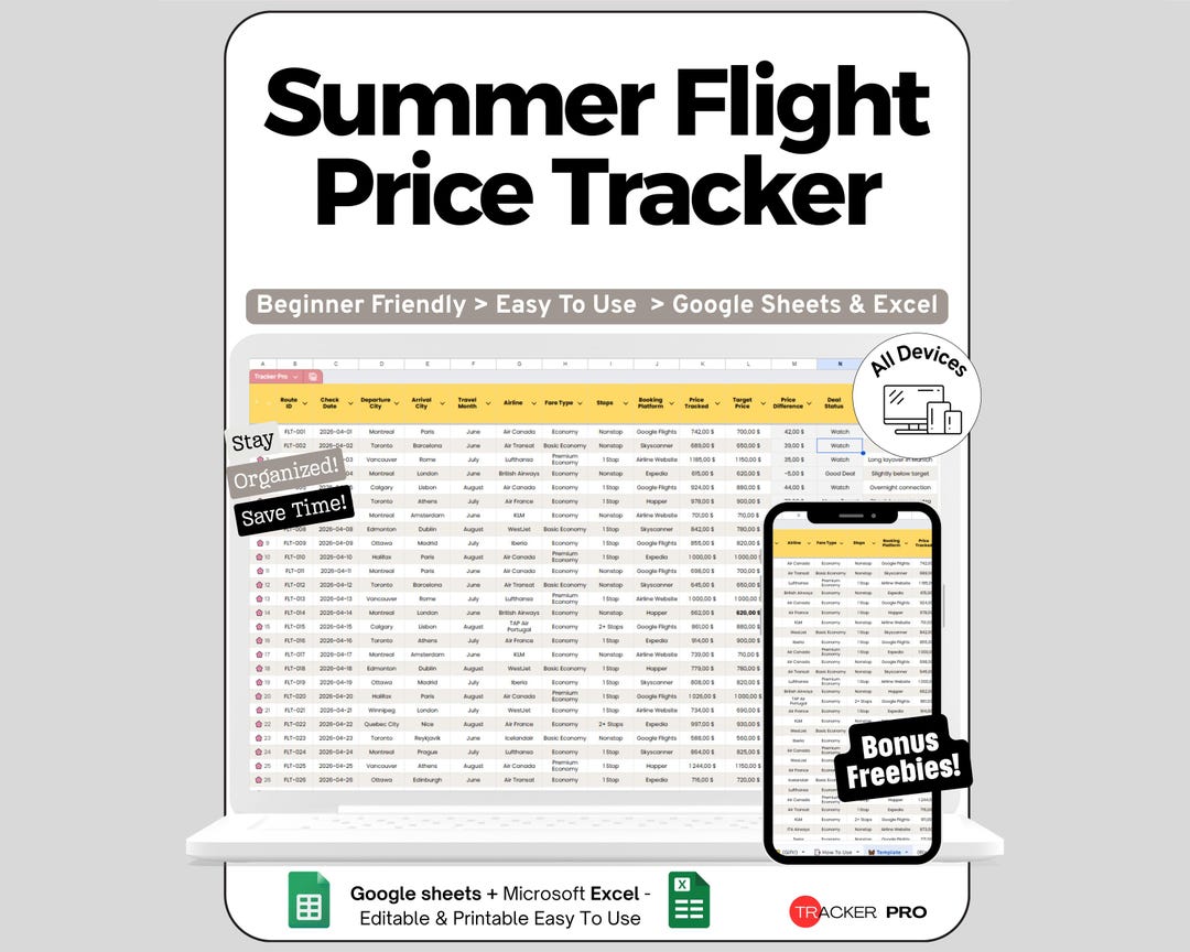 Flight Price Tracker Spreadsheet for Google Sheets and Excel Travel ...