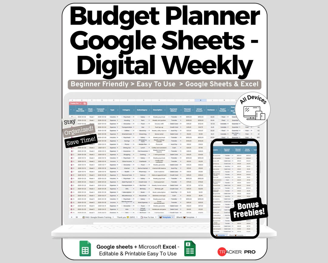 Budget Planner Google Sheets - Digital Weekly, Monthly, Biweekly ...