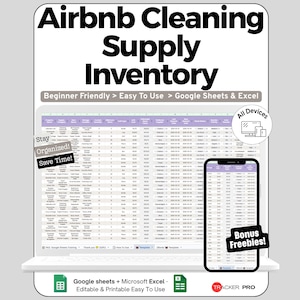 Può includere: Un modello digitale di inventario per le forniture di pulizia Airbnb per Google Sheets ed Excel. Il display mostra un foglio di calcolo con colonne per nomi di articoli, categorie e livelli di scorta su uno schermo di laptop e smartphone.