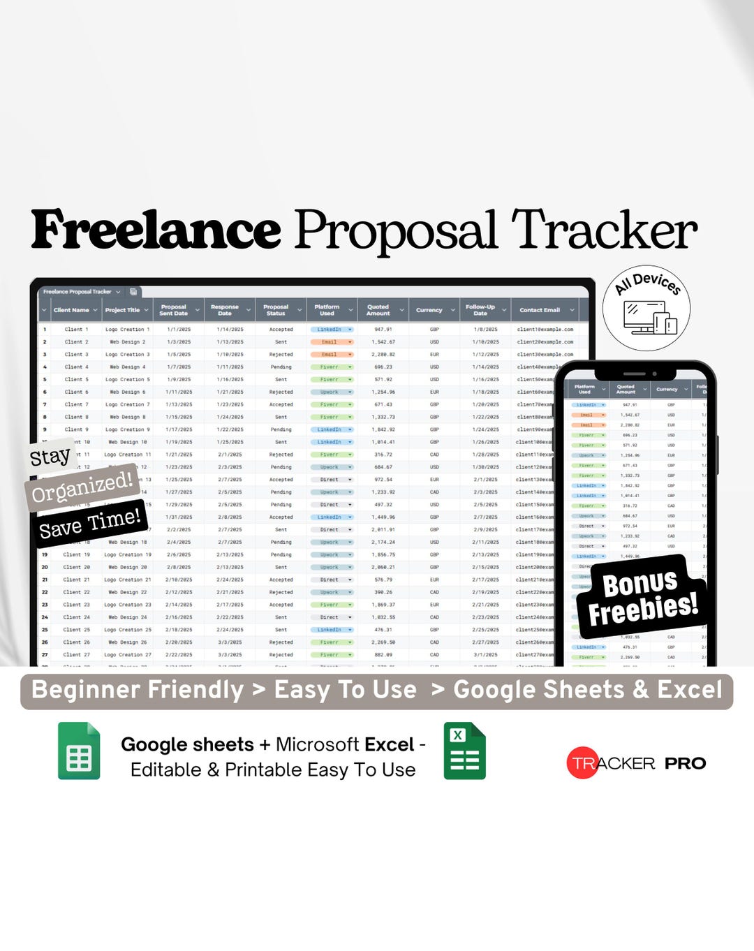 Freelance Proposal Tracker Google Excel, Client Pitch Log, Quote ...