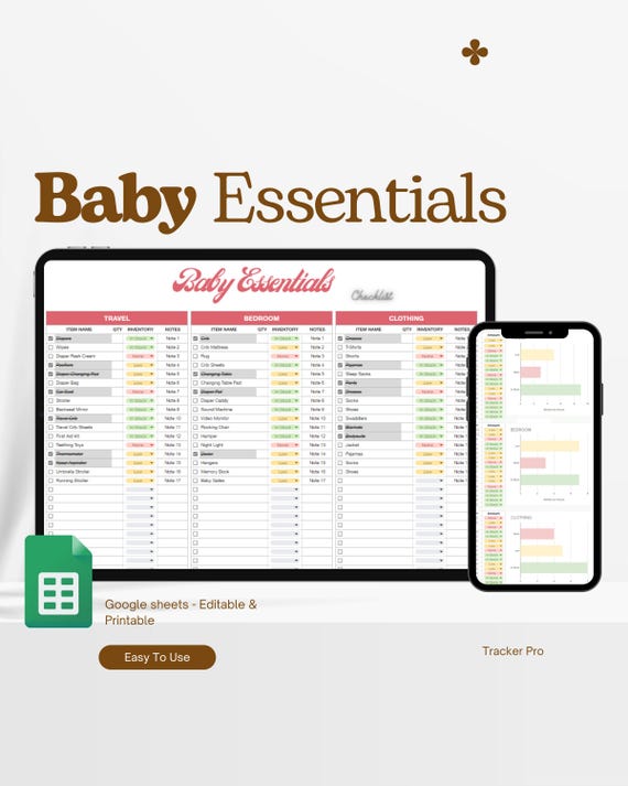 Baby Essentials Checklist Google Sheets, Baby Registry Checklist, Newborn Must Haves, New Mom Planner, Baby Shower Planning, Excel Editable