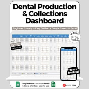 Puede incluir: Una plantilla digital de panel de control de producción y cobros dentales para Google Sheets y Excel. La pantalla muestra una hoja de cálculo con datos financieros, con etiquetas como Beginner Friendly, Easy To Use, Stay Organized, Save Time, All Devices y Bonus Freebies.