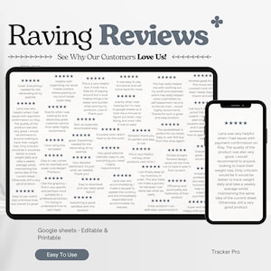 May include: A digital display of customer reviews, with the headline "Raving Reviews" and the text "See Why Our Customers Love Us!" The image includes a tablet and a smartphone, both displaying positive feedback. The bottom of the image has the text "Google sheets - Editable & Printable" and "Easy To Use" and "Tracker Pro".