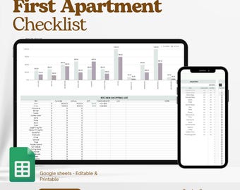 First Apartment Checklist Template Excel Spreadsheet, Our First Apartment Planner Google Sheets, Furniture Inventory, College Apartment List