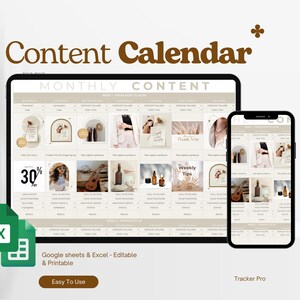 Peut inclure: Un modèle de calendrier de contenu numérique avec un fond beige. Le modèle est divisé en semaines et en jours. Chaque jour a un espace pour une photo, une légende et d'autres détails. Le modèle est modifiable dans Google Sheets et Excel et est imprimable. Le texte "Facile à utiliser" est en bas du modèle. Le texte "Tracker Pro" est en bas de l'écran du téléphone.