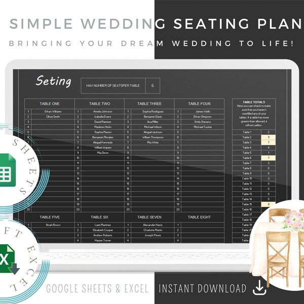 Seating Chart, Wedding Seating Chart, Seating Arrangement, Google Sheets, Excel, Wedding Planner, Wedding Spreadsheet