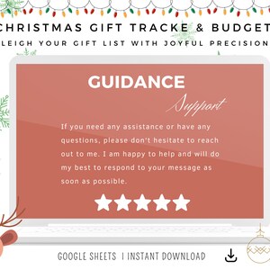 May include: A laptop screen displays text: "CHRISTMAS GIFT TRACKE & BUDGET" and "SLEIGH YOUR GIFT LIST WITH JOYFUL PRECISION!". The screen shows "GUIDANCE Support" and a message offering assistance. The design includes snowflakes, Christmas lights, and a reindeer.