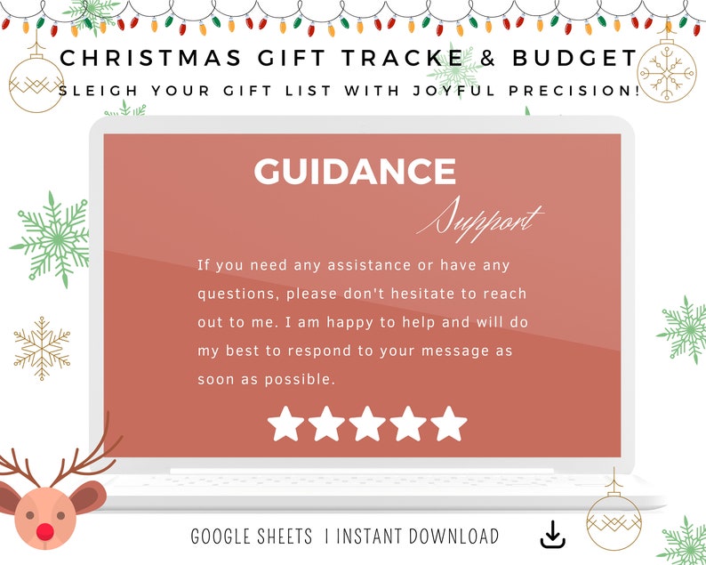 May include: A laptop screen displays text: "CHRISTMAS GIFT TRACKE & BUDGET" and "SLEIGH YOUR GIFT LIST WITH JOYFUL PRECISION!". The screen shows "GUIDANCE Support" and a message offering assistance. The design includes snowflakes, Christmas lights, and a reindeer.