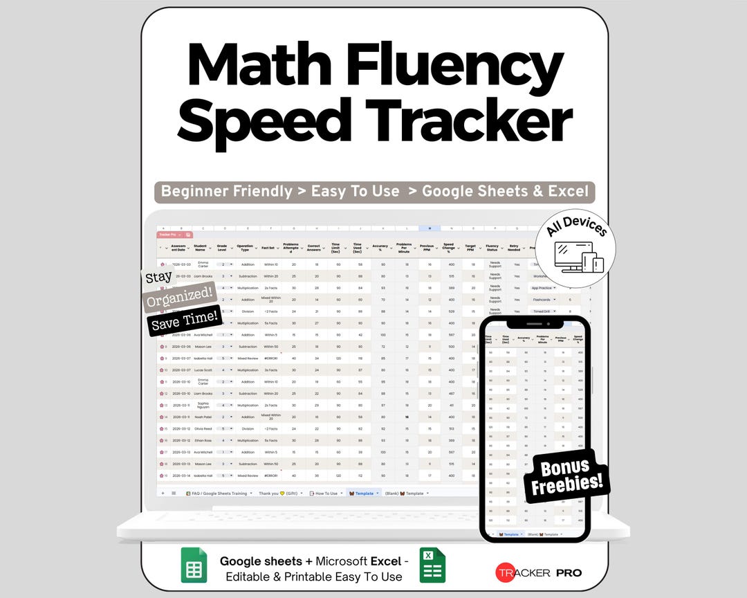 Math Fluency Spreadsheet for Google Sheets and Excel Speed Tracking ...