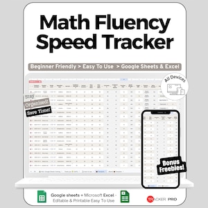 May include: A digital math fluency speed tracker displayed on a laptop and smartphone. The text reads "Math Fluency Speed Tracker" and "Beginner Friendly > Easy To Use > Google Sheets & Excel." Additional text includes "Stay Organized! Save Time!" and "Bonus Freebies!"