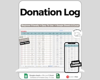 Donation Log Spreadsheet Google Sheets Template, Charitable Giving Tracker with Cash & Item Value and Receipts, Tax Deduction Summary, Log