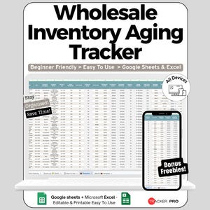 Peut inclure: Un modèle de feuille de calcul numérique Wholesale Inventory Aging Tracker pour Google Sheets et Excel. L'affichage présente un tableau de données avec des colonnes pour les détails des produits, les stocks et les mesures de vieillissement.