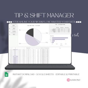 May include: A Google Sheets spreadsheet template for tracking tips and shifts. The spreadsheet has two tabs, one for tips per hour by shift and one for tip overview. The spreadsheet includes a pie chart, bar graph, and a table with data for each shift.