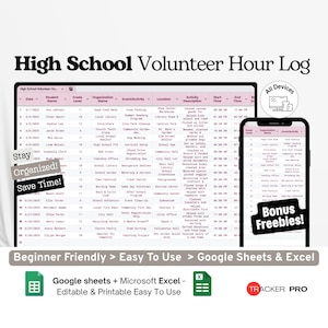 High School Volunteer Hour Log Google Excel, Community Service Hours Tracker, College App Requirement Log Google Sheets Template