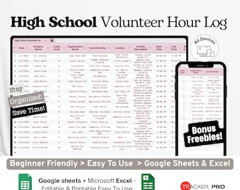 High School Volunteer Hour Log Google Excel, Community Service Hours Tracker, College App Requirement Log Google Sheets Template