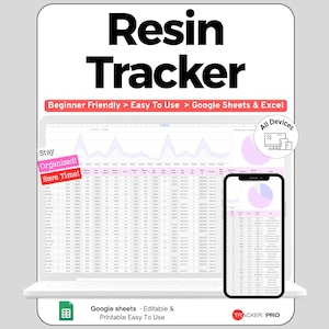 Peut inclure: Un modèle de feuille de calcul numérique Resin Tracker affiché sur un écran d'ordinateur portable et de smartphone. L'interface présente des tableaux de données, des graphiques et des étiquettes roses avec le texte Resin Tracker, Beginner Friendly, Easy To Use, Google Sheets & Excel, Stay Organized, Save Time et All Devices.