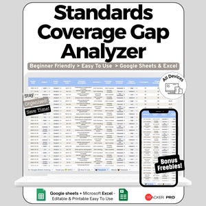 May include: A digital product displayed on a laptop and smartphone, showcasing a spreadsheet titled "Standards Coverage Gap Analyzer." The image includes the text "Beginner Friendly > Easy To Use > Google Sheets & Excel" and "All Devices."