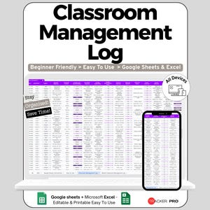 Peut inclure: Un journal de gestion de classe numérique affiché sur un ordinateur portable et un smartphone. Le journal est violet et blanc, avec le texte "Classroom Management Log" en haut. Le texte "Beginner Friendly > Easy To Use > Google Sheets & Excel" est également visible.