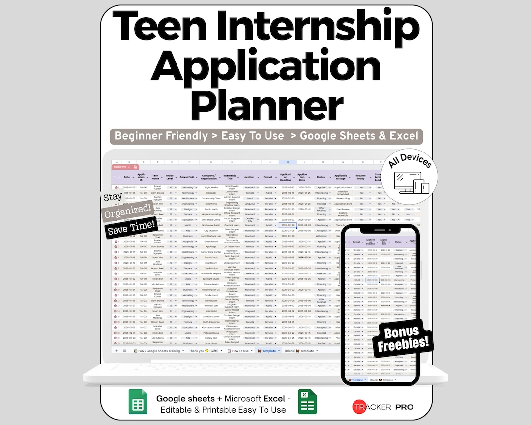 Internship Planner Spreadsheet for Google Sheets and Excel Application ...