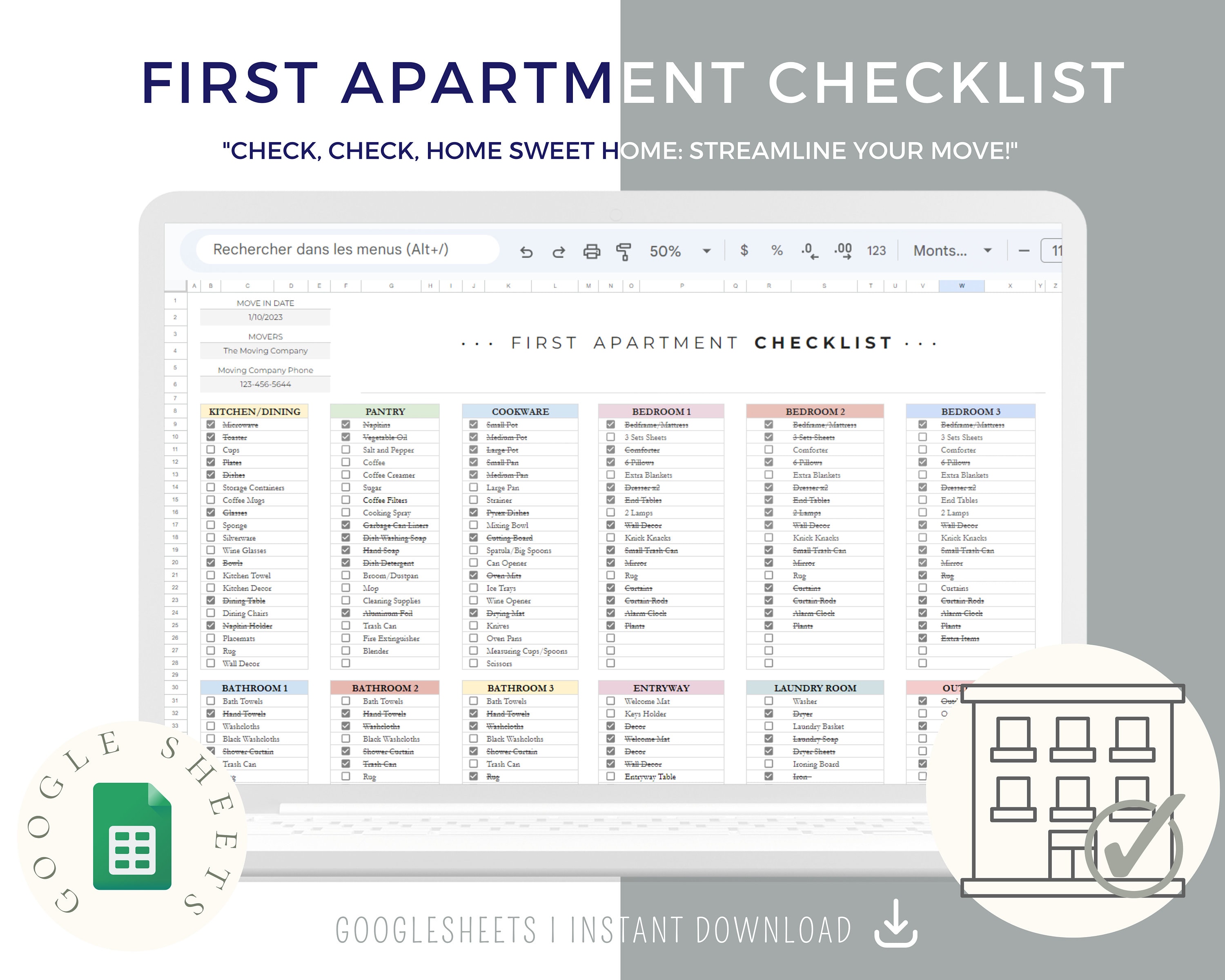 First Apartment Essentials Checklist, New Apartment Checklist, New Apartment  Planner, Apartment Inventory Excel Spreadsheet Google Sheets (Instant  Download) 