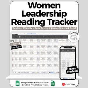 Peut inclure: Un suivi de lecture numérique pour le leadership féminin, affiché sur un ordinateur portable et un smartphone. Le tracker est facile à utiliser avec Google Sheets et Excel. Comprend des bonus et est modifiable et imprimable.
