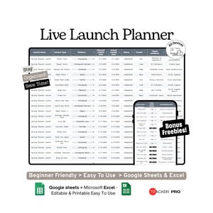 Live Launch Content Planner Google Sheets Template Marketing Launch, Social Media and Campaign Task Tracker Microsoft Excel