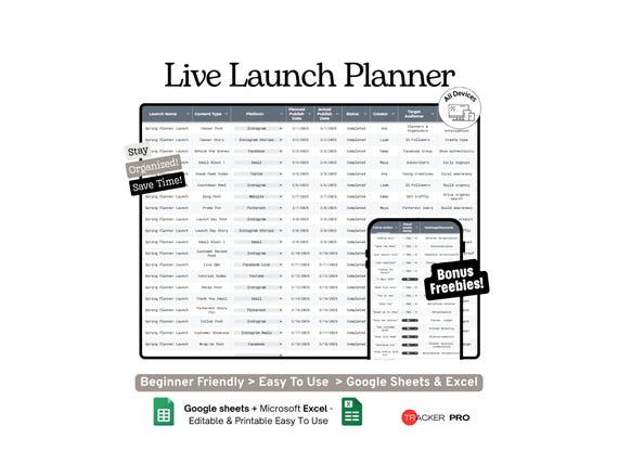 Live Launch Content Planner Google Sheets Template  Marketing Launch, Social Media and Campaign Task Tracker  Microsoft Excel