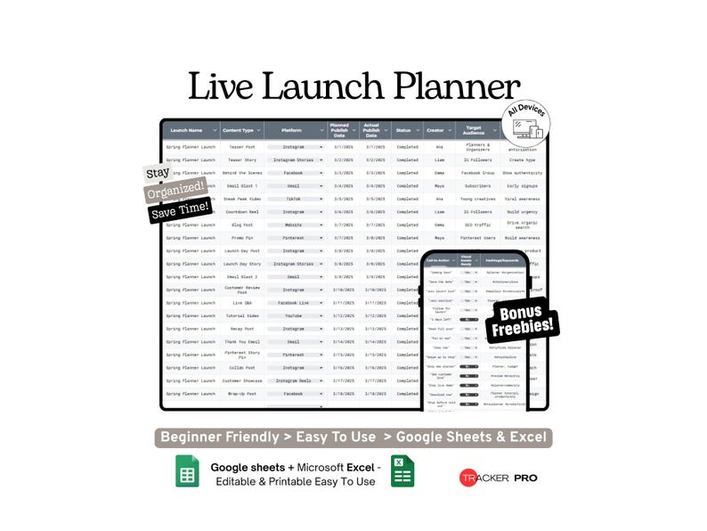 Live Launch Content Planner Google Sheets Template Marketing Launch, Social Media and Campaign Task Tracker Microsoft Excel image 1