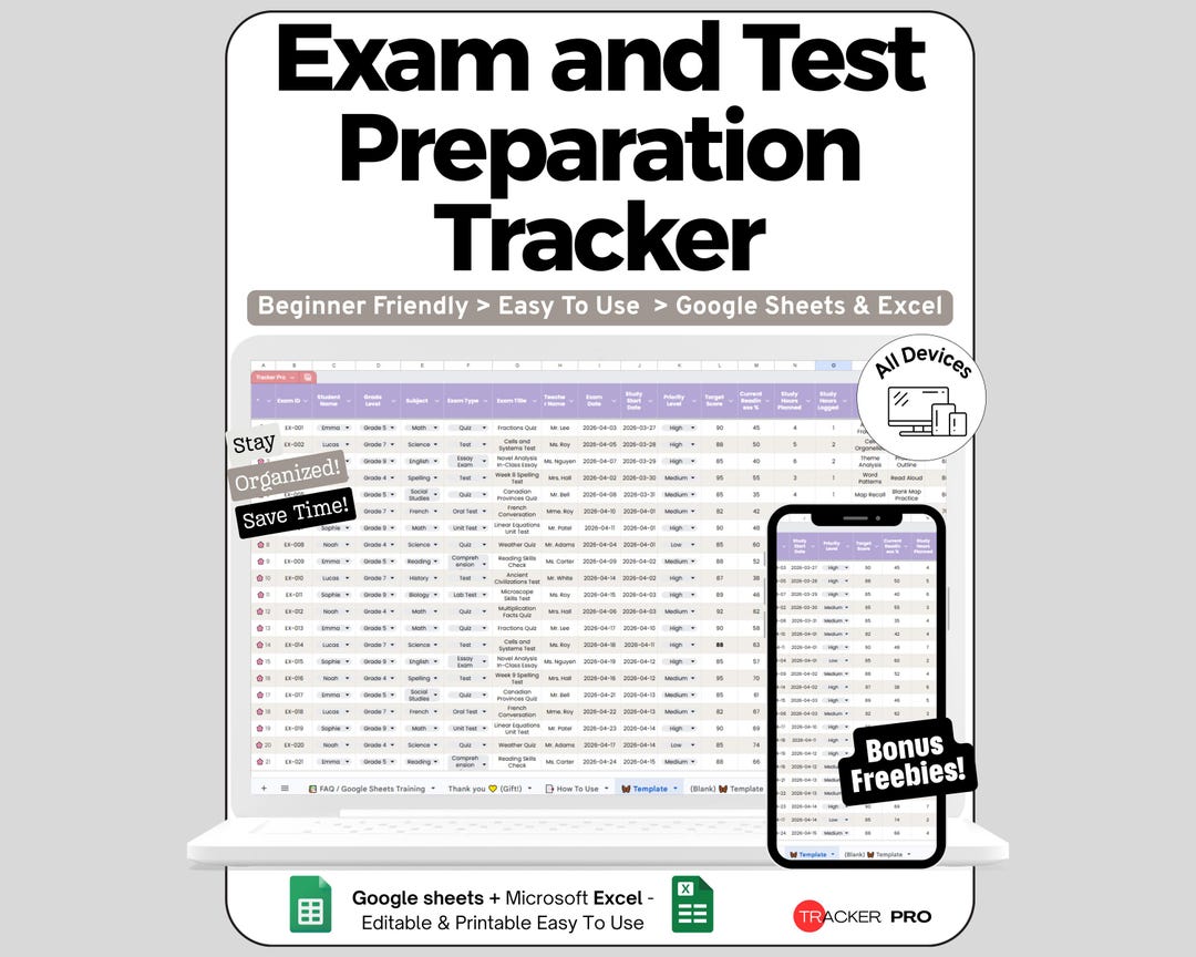 Test Sheets Exam Prep Spreadsheet for Google Sheets and Excel Study Planning and ...