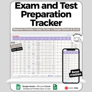 May include: A digital exam and test preparation tracker displayed on a laptop and smartphone. The text reads "Exam and Test Preparation Tracker" and "Beginner Friendly > Easy To Use > Google Sheets & Excel." Additional text includes "Stay Organized! Save Time!" and "Bonus Freebies!"