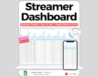 Twitch Streamer Dashboard Google Sheets, Stream Schedule and Growth Tracker, Sub Goal & Sponsor Income Spreadsheet for Streamers, Content
