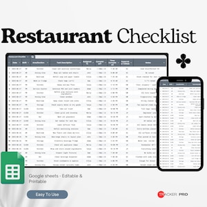 Może przedstawiać: Cyfrowa lista kontrolna restauracji wyświetlana na tablecie i smartfonie. Tablet pokazuje szczegółowy arkusz kalkulacyjny z opisami zadań, datami i statusami ukończenia. Obraz zawiera tekst "Restaurant Checklist", "Google sheets - Editable & Printable" i "Easy To Use".