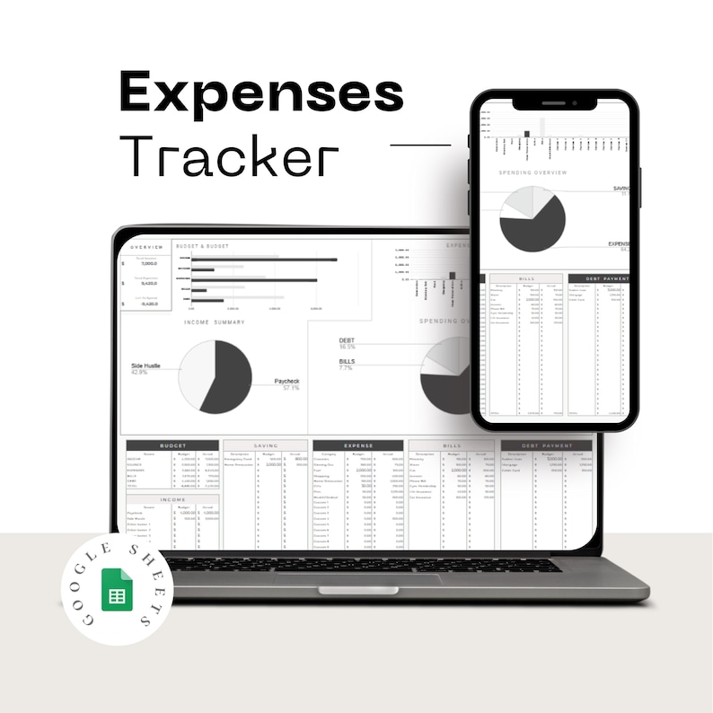 Puede incluir: Un ordenador port&aacute;til y un smartphone que muestran un rastreador de gastos. La pantalla del port&aacute;til muestra una descripci&oacute;n general financiera detallada con gr&aacute;ficos circulares y tablas de datos. El smartphone muestra informaci&oacute;n similar. El texto "Expenses Tracker" es visible.