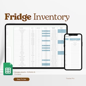 Plantilla de inventario de refrigerador, lista de verificación de refrigerador, lista de refrigerador, lista de inventario de alimentos, hoja de cálculo de Excel para seguimiento de alimentos del refrigerador (Google)