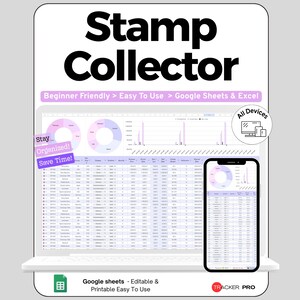 Peut inclure: Un tableur numérique de suivi pour collectionneur de timbres affiché sur un écran d'ordinateur portable et de smartphone. L'interface présente des graphiques, des tableaux de données et le texte Stamp Collector, Beginner Friendly, Easy To Use, Google Sheets & Excel, Stay Organized, Save Time, All Devices et Tracker Pro.
