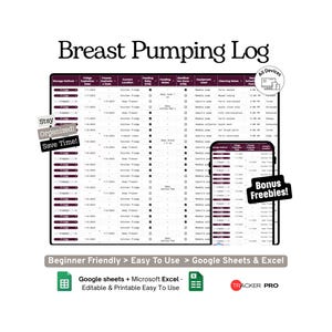 Breast Pumping Schedule and Milk Storage Log Google Sheets Template (Breastfeeding Pumping Tracker and Baby Milk Freezer Inventory) Excel