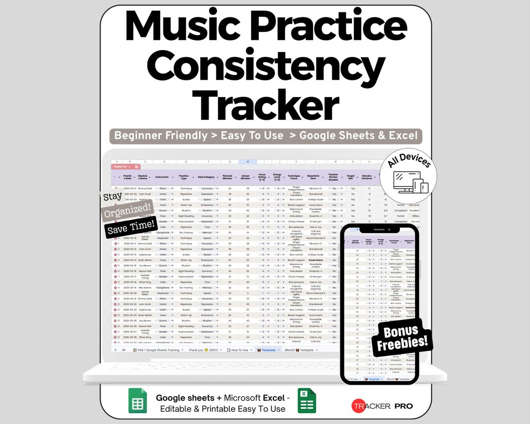 Music Practice Spreadsheet for Google Sheets and Excel Lesson Tracking ...