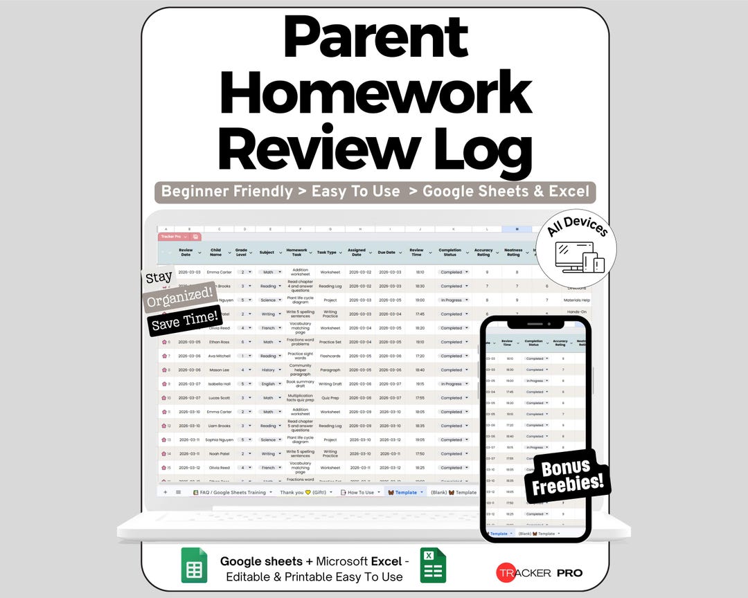 Homework Review Spreadsheet for Google Sheets and Excel Assignment ...
