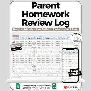 Op de afbeelding: Een digitaal logboek voor het beoordelen van huiswerk van ouders, weergegeven op een laptop en smartphone. Het logboek is ontworpen voor Google Sheets en Microsoft Excel, met de tekst "Parent Homework Review Log" bovenaan. Extra tekst is "Beginner Friendly > Easy To Use > Google Sheets & Excel."