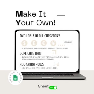 K&ouml;nnte beinhalten: Ein Laptop-Bildschirm zeigt eine Google Sheets-Tabellenvorlage mit dem Text "Make It Your Own!" und "In allen W&auml;hrungen verf&uuml;gbar". Die Vorlage enth&auml;lt Symbole f&uuml;r verschiedene W&auml;hrungen, darunter Dollar, Pfund, Euro und Yen. Der Text lautet au&szlig;erdem "Tabellen duplizieren" und "Zus&auml;tzliche Zeilen hinzuf&uuml;gen".