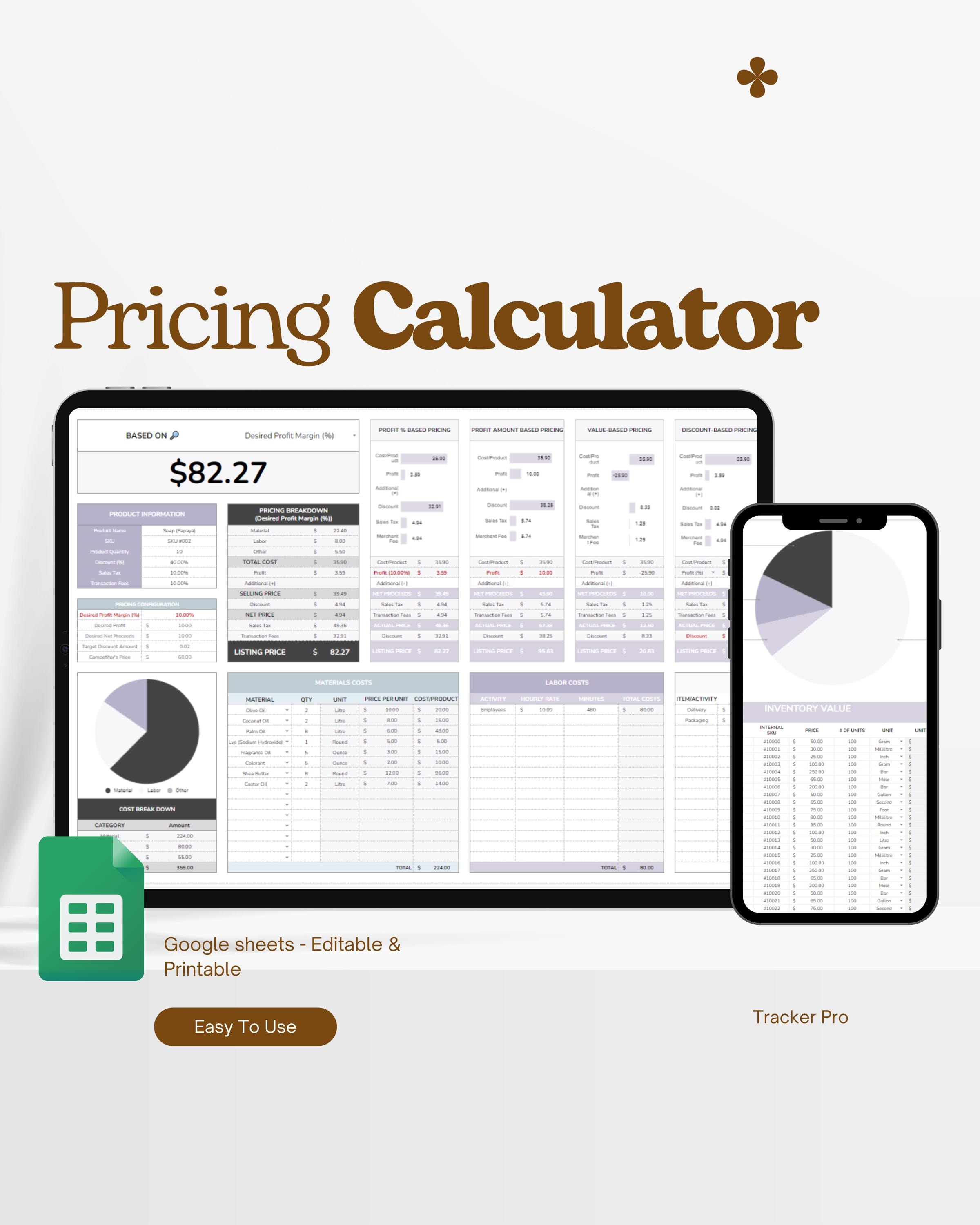Product Pricing Calculator Spreadsheet for Google Sheets, Profit Margin ...