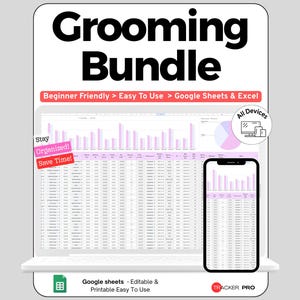 Op de afbeelding: Een digitaal Grooming Bundle spreadsheet-sjabloon voor Google Sheets en Excel, weergegeven op een laptop- en smartphonescherm. De interface bevat roze en witte gegevensgrafieken, tabellen en labels zoals Stay Organized! Save Time!