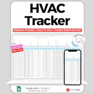 Peut inclure: Un modèle de feuille de calcul numérique HVAC Tracker affiché sur un écran d'ordinateur portable et de smartphone. L'interface comprend des étiquettes de texte telles que HVAC Tracker, Beginner Friendly, Easy To Use, Google Sheets & Excel, Stay Organized, Save Time et All Devices.