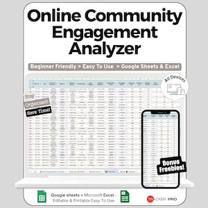 Puede incluir: Una plantilla de hoja de cálculo digital Online Community Engagement Analyzer para Google Sheets y Excel. La pantalla muestra una tabla de datos con columnas para ID, fecha, plataforma y métricas. Incluye los textos: Stay Organized! Save Time! y Bonus Freebies!