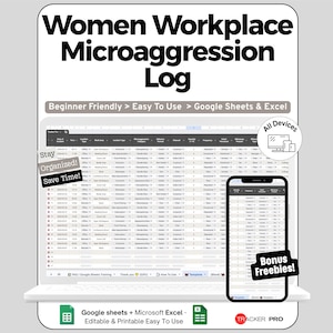 Workplace Incident Spreadsheet for Google Sheets and Excel Microaggression Tracking Documentation Monitoring and Women Support Dashboard