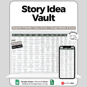 May include: A digital Story Idea Vault displayed on a laptop and smartphone. The text includes "Story Idea Vault", "Beginner Friendly", "Easy To Use", and "Google Sheets & Excel". The image also features the text "Stay Organized! Save Time!"