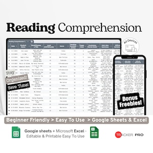 Seguimiento de comprensión lectora en Google Excel, registro de progreso de lectura de inglés como segundo idioma (ESL), hoja de vocabulario, seguimiento del nivel de comprensión en Google Sheets.