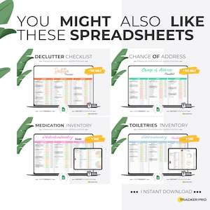 May include: Four different spreadsheet templates displayed on laptop screens. The templates are for decluttering, change of address, medication inventory, and toiletries inventory. Each template has a colorful design and includes a "The Only" label.