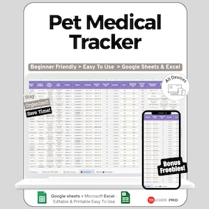 Pode incluir: Um modelo de planilha digital Pet Medical Tracker exibido em uma tela de laptop e smartphone. A interface apresenta colunas para detalhes de animais de estimação, categorias médicas, datas, custos e status. Inclui rótulos como Beginner Friendly, Google Sheets & Excel e Bonus Freebies.